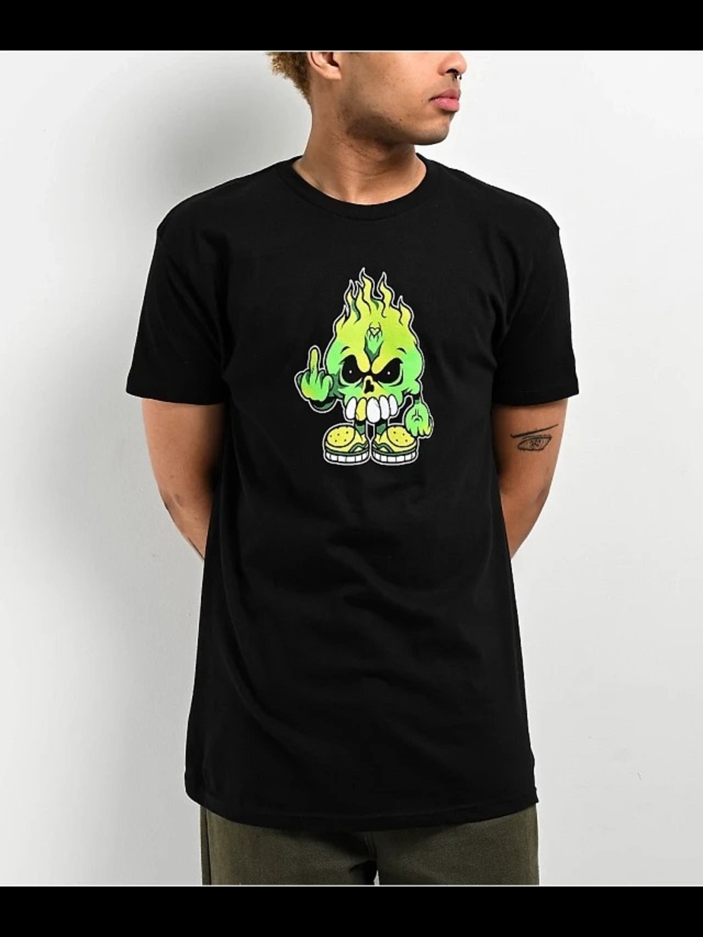 Zumiez Black Tee with Neon Green Flame Skull Graphic and Yellow Accents